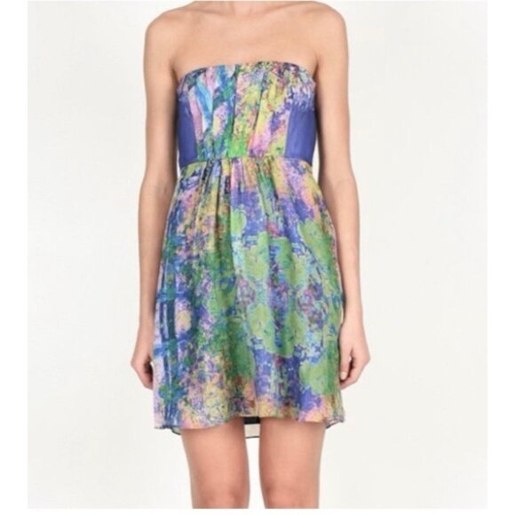 Anthropologie TIBI Dress 8 Silk Green Blue Yellow Strapless W Bra Summer - Picture 1 of 5